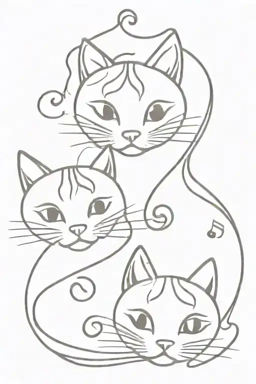 2 Cute Cat Heads And Music Note Intertwined