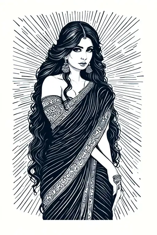 South Asian Woman With Long Black Hair Wearing Sari Modern With Attitude