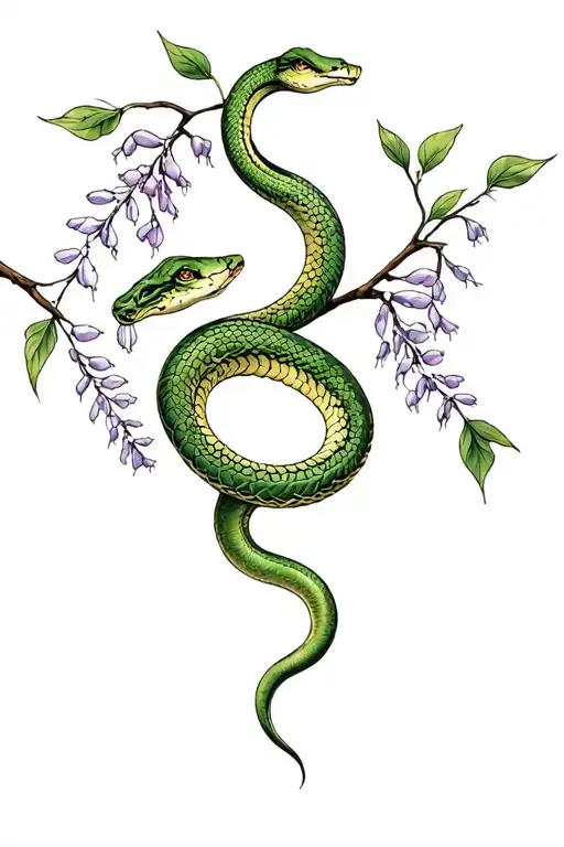 Green Snake Wrapped Around A Wisteria Branch