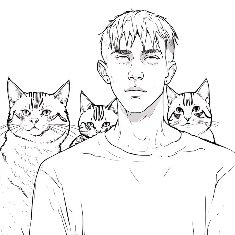 Punk Rock Young Man With Gang Of Cats