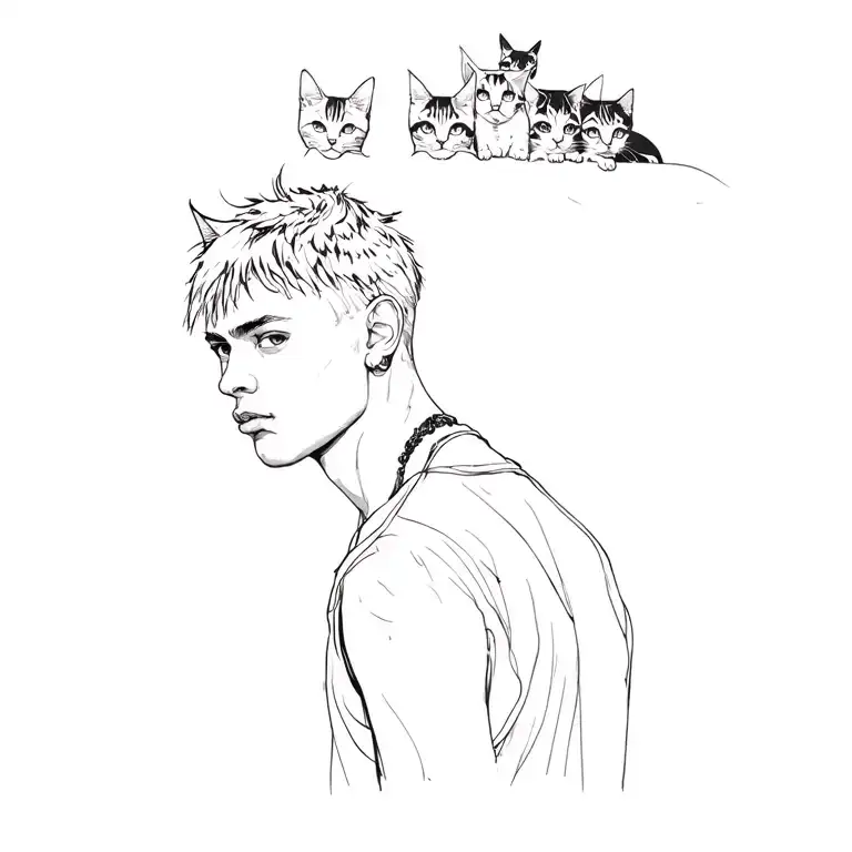 Punk Rock Young Man With Gang Of Cats