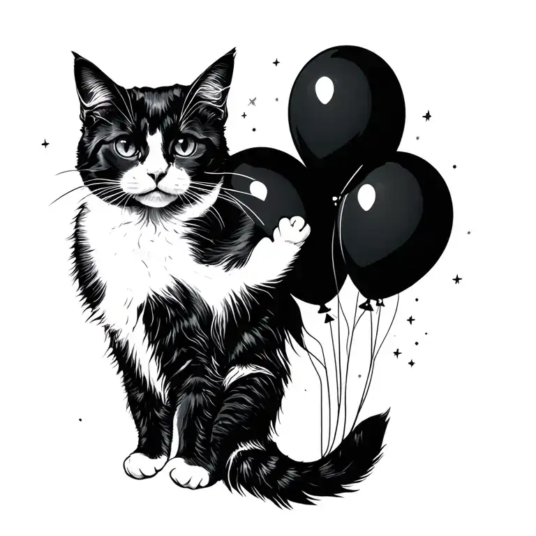 Black And White Cat Floating With Black Balloons Floating In Space
