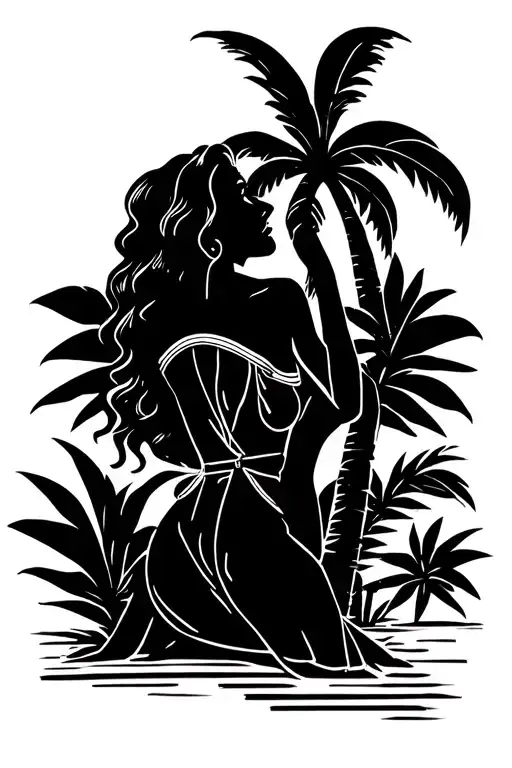 Pin Up Sailor Girl Leaning On Palm Tree