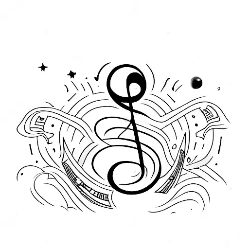 A Minimalist Tattoo Of A Music Note Shaped Like A Dinosaur With A Moon And Stars