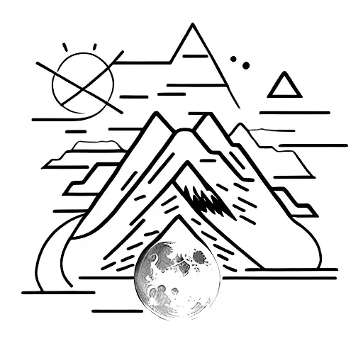 A Minimalist Tattoo Of A Mountain Range With A Wolf Howling At The Moon