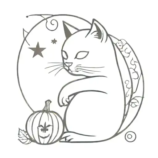 Cat With Pumpkin And Moon Surrounded