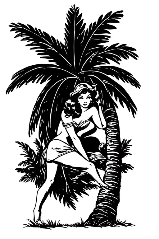 Pin Up Sailor Girl Leaning On Palm Tree In Color