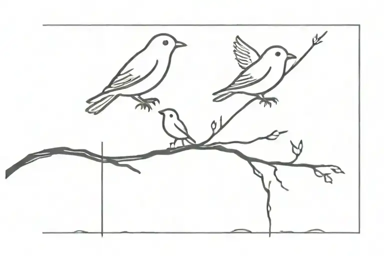 3 Birds On One Stick Looking At A Baby Bird Flying Away