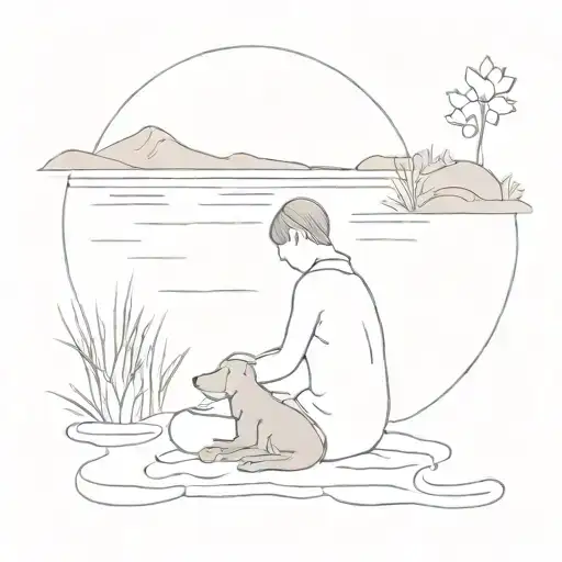 Dog Sitting By A River Next To A Figure Meditating
