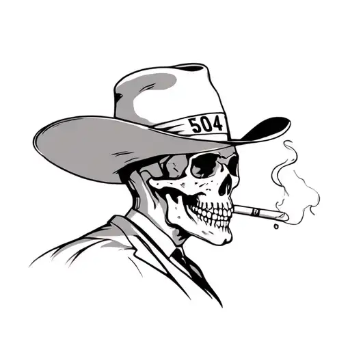 Skull Smoking A Cigerette Wearing A Cowboy Hat That Has The 504 On It Side Profile