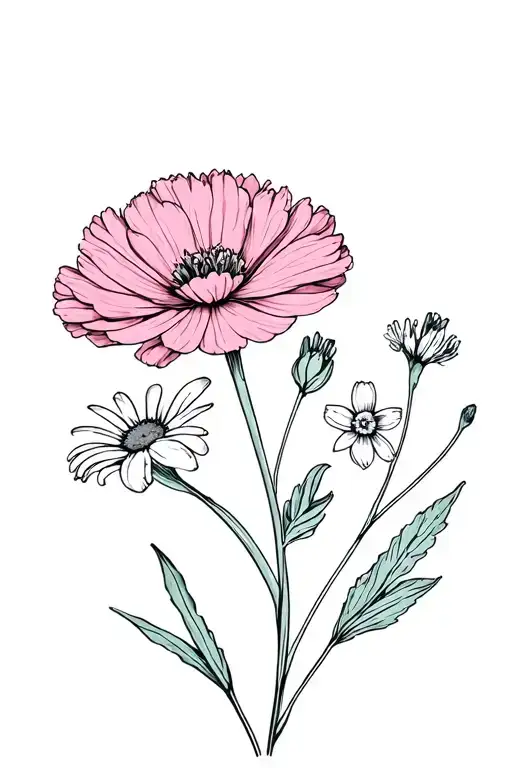 Carnation And Primrose And Daisy And Larkspur And Aster And Mums And Narcissus