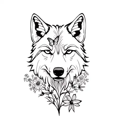 Wolf Head With Wildflowers And Butterflies