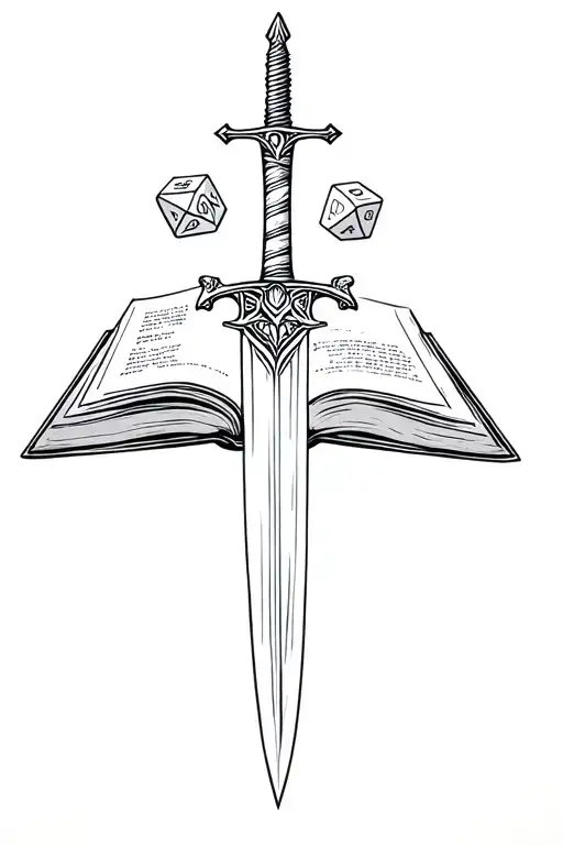 Book Open With D20 Dice And Sword
