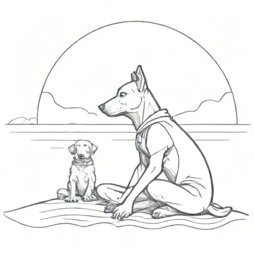 A Dog Sitting Next To A Meditating Figure By The River