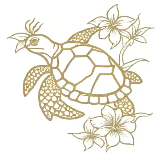 Happy Sea Turtle Swimming With Hibiscus Around It