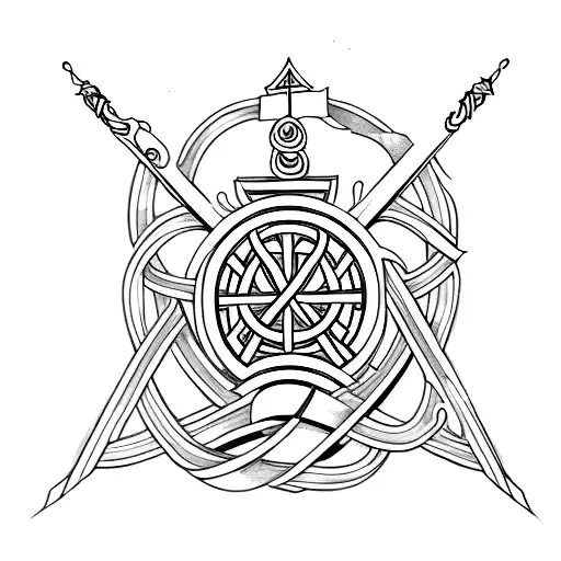 A Minimalist Design Of Crossed Swords With A Subtle Religious Symbol Intertwined In The Design