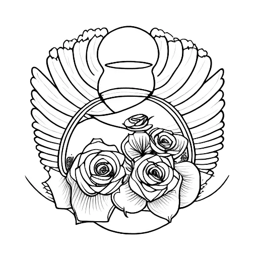 Hourglass With Rose Inside And Open Wings Behind It