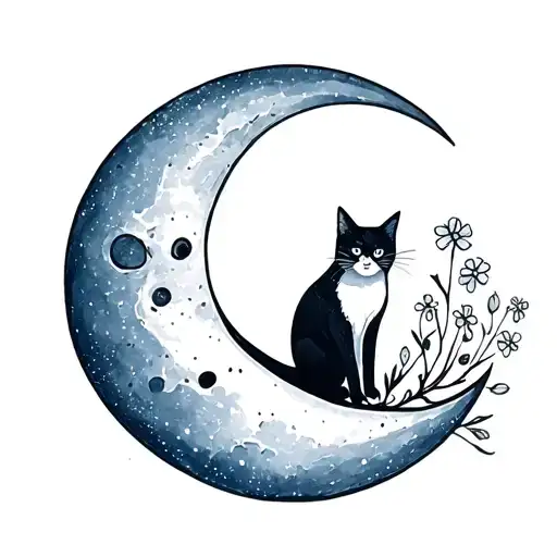 Cat On A Moon With Little Flowers Growing