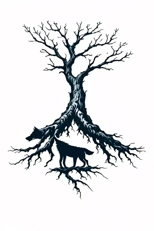 A Tree With Deep Roots And Strong Branches With A Wolf Underneatg