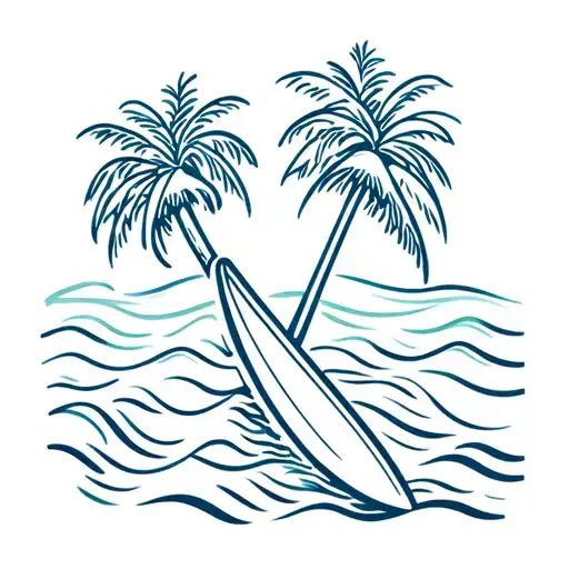A Minimalist Design Of A Canoa Havaiana Paddle With Waves And Palm Trees In The Background