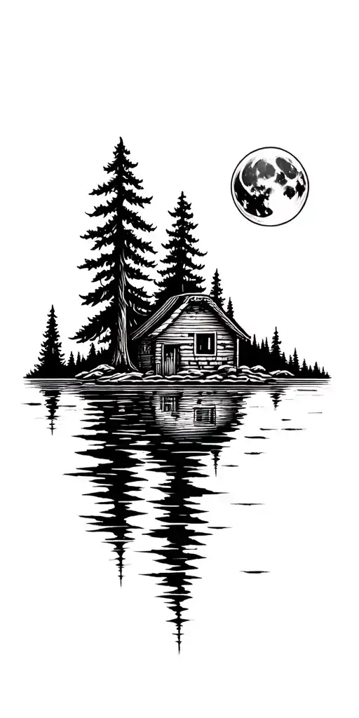 Cabin On A Forest Lake Under A Moon