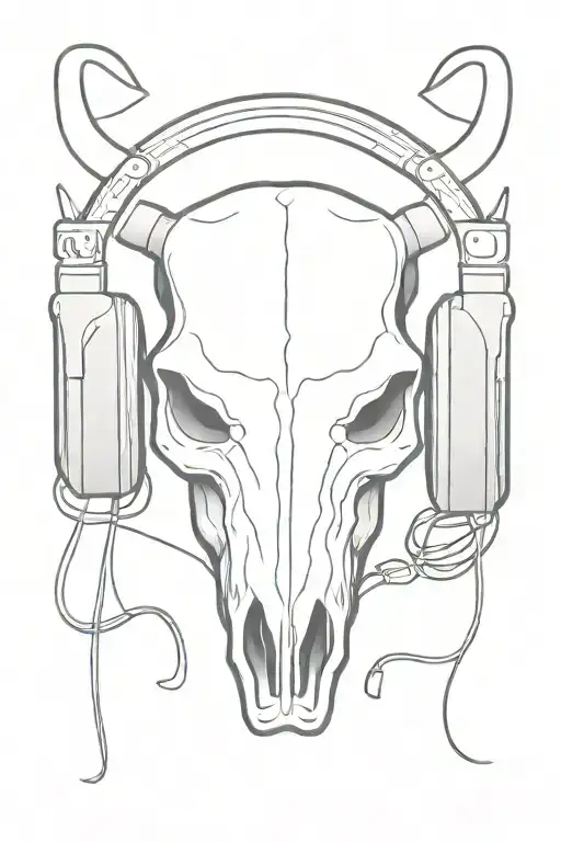 Black Outlined Bull Skull Wearing Headphones
