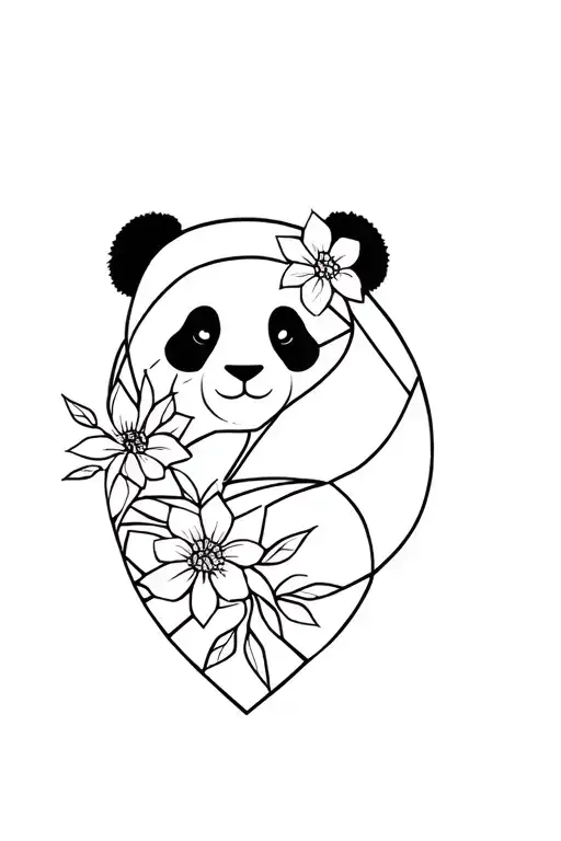 Panda And Geometric Flowers In Abstained