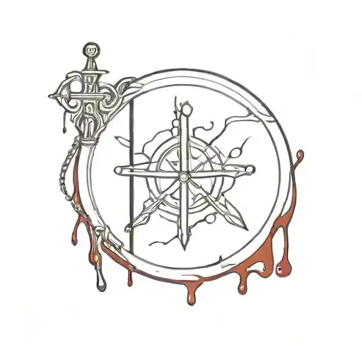 A Traditional Style Tattoo Of A Circle Dripping Blood With A Book And Sword Inside