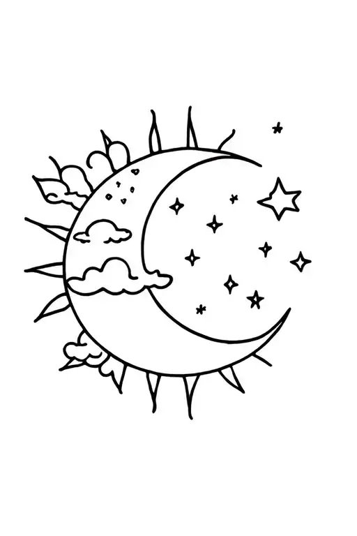 Sun And Moon With Clouds And Stars