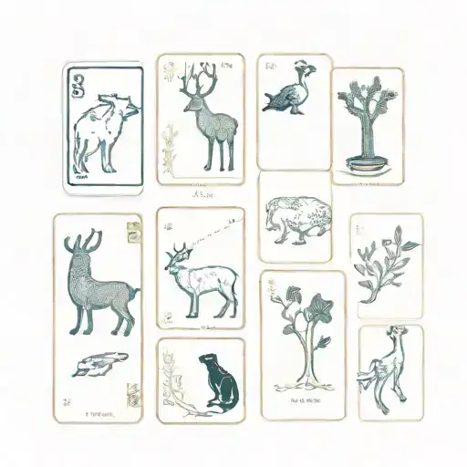 A Minimalist Tattoo Of A Tarot Deck With Each Card Representing A Different Forest Animal