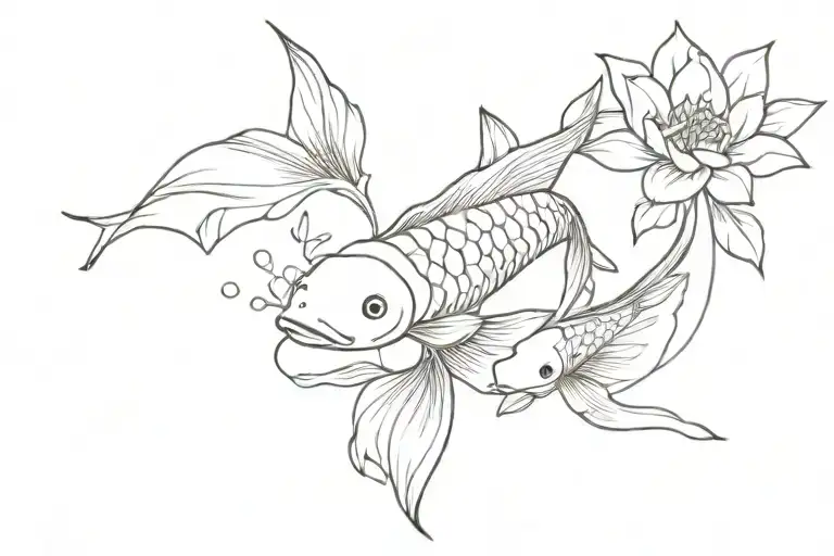Fineline Flowers And Koi Fish Swimming