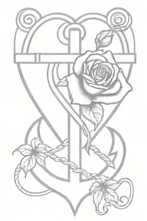 A Minimalist Tattoo Design Of A Heart-shaped Anchor Intertwined With A Rose
