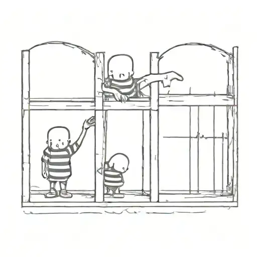 A Surreal Tattoo Featuring Cartoon Characters Behind Bars In A Jail Cell