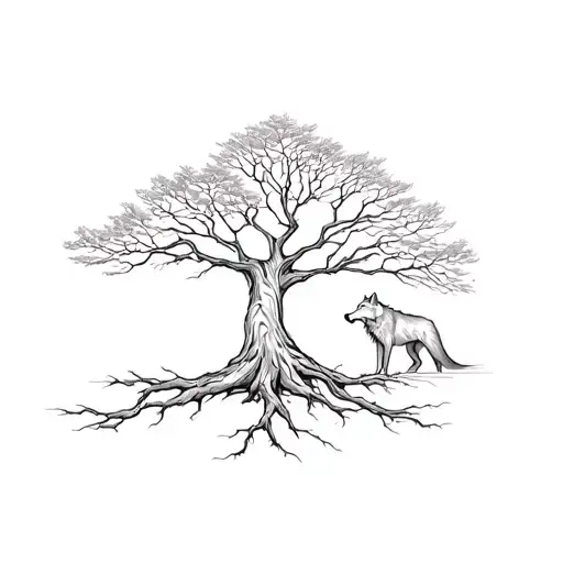 A Tree With Deep Roots And Strong Branches With A Wolf Underneatg