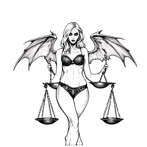 Scary Girl In Sexy Lingerie With Demon Wings Holds Scales Of Justice