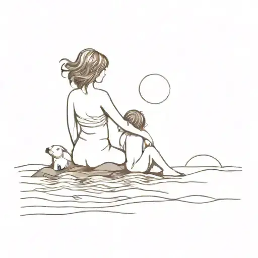 Ocean And Well Vitage Concept With A Mother And Child Love Family Sun Set