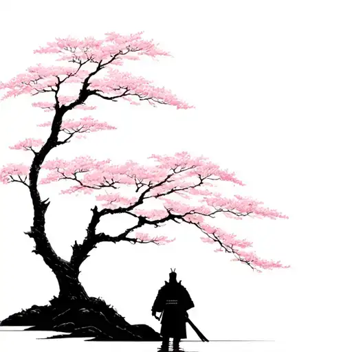 A Minimalist Design Of A Sakura Tree With A Silhouette Of A Samurai Standing Beneath It
