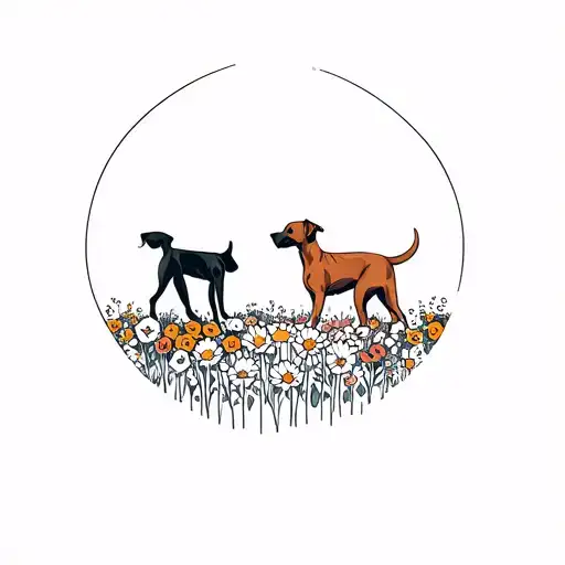 A Female Black Lab And A Female Brown Cur Walking Together Through A Flower Field