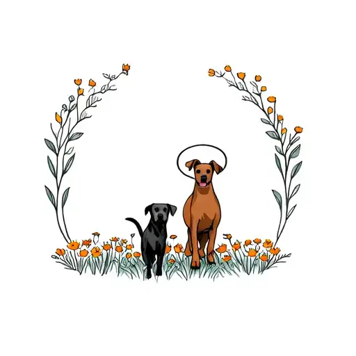 A Female Black Lab And A Female Brown Cur Walking Together Through A Flower Field With Halos