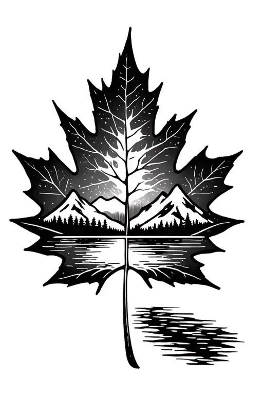 Mountain Lake Scene Inside A Maple Leaf