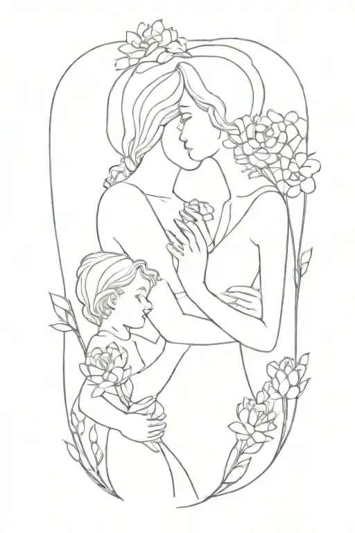 Mother And 2 Children Embracing Flowers Fine Line