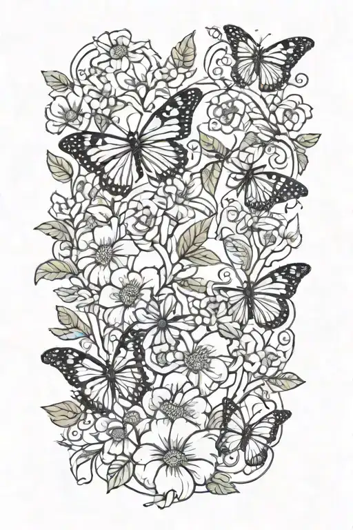 Wild Prairie Rose On A Vine Winding With Colored Monarch Butterflies Around It