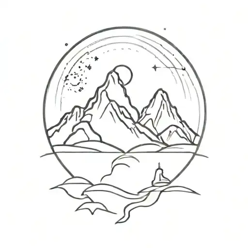 Line Art Mountains Sea Moon
