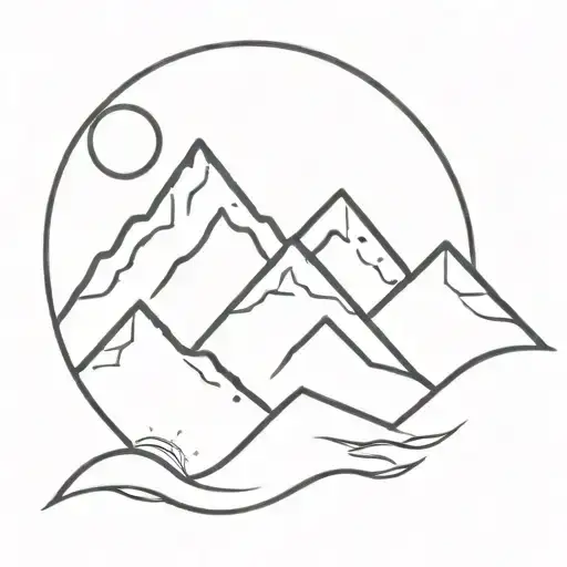 Line Art Mountains Sea Moon Linear