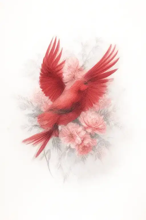 A Cardinal Flying With Carnations For A Man