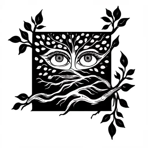 Tree Of Life With Eyes In Between The Leaves And Bark Running Like A River