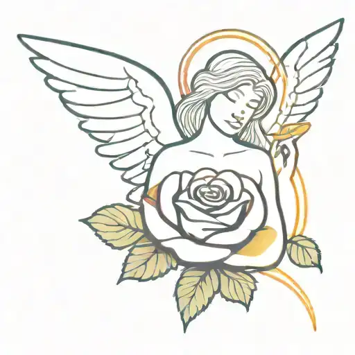 Rainbow Behind An Angel Holding A Rose Blooming
