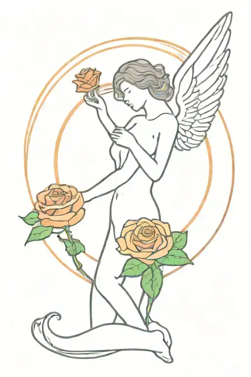 Rainbow Behind An Angel Holding A Rose Flower Growing
