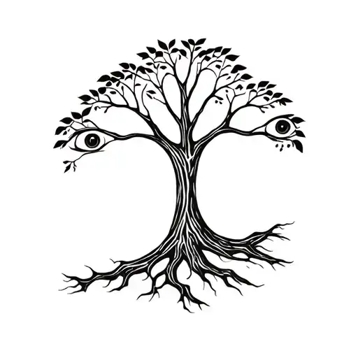 Tree Of Life With Eyes In Between The Leaves And Bark Running Like A River