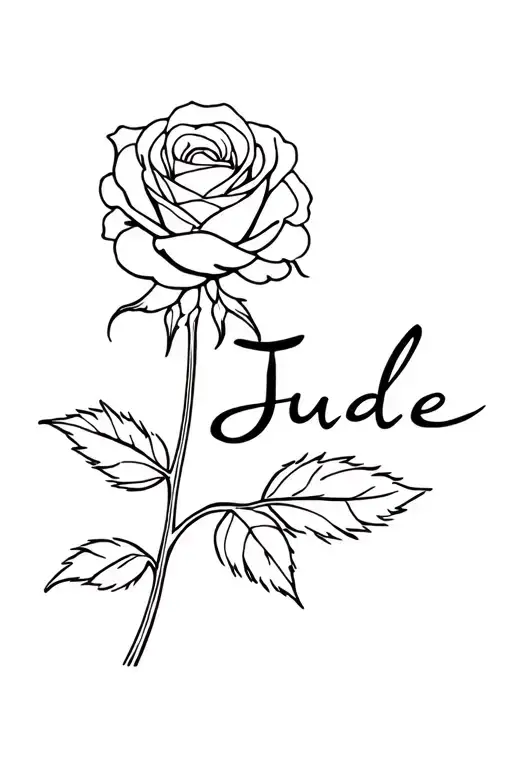Fine Rose Outline Tattoo With Name Jude